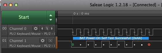 Logic analyzer capture showing the text "BAT Power-On Selt Test Successful (0xAA)" on top of the PS/2 data signal trace