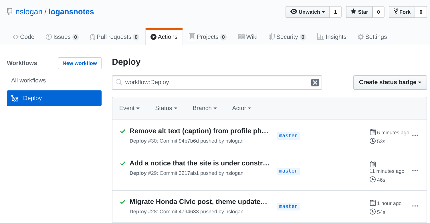 Top-level view of deploy workflow on GitHub Actions page